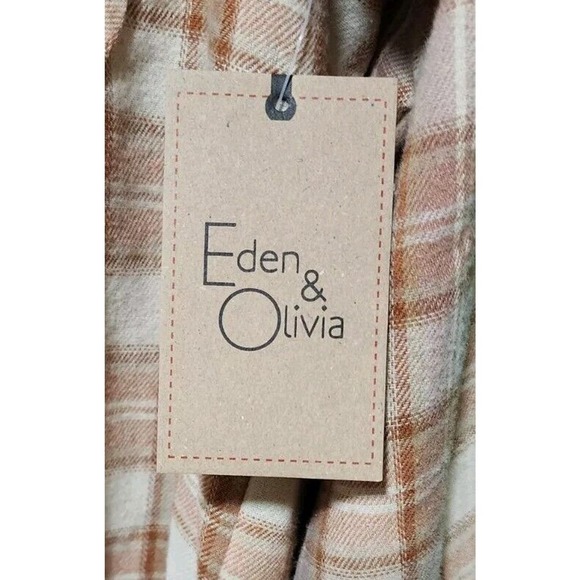 Eden & Olivia Women's Brown/Pink Plaid Flannel Size Med Button Up W/Crochet - Picture 6 of 7